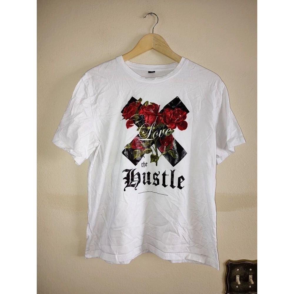 Men's Romwe Hustle White 100% Cotton T Shirt Size Medium
